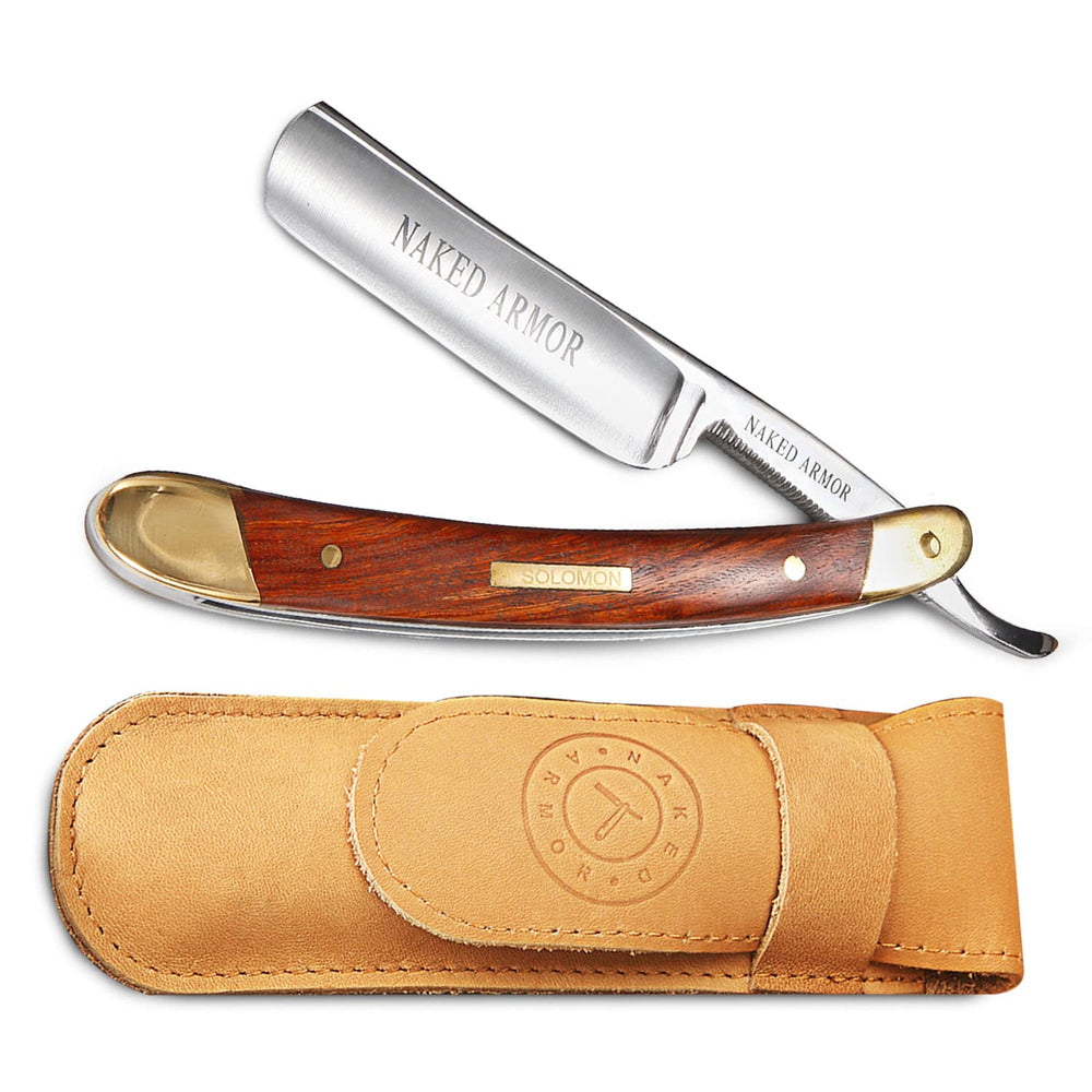 Naked Armor Solomon straight razor blade closeup showing sharp, precise edge for a smooth shave.
