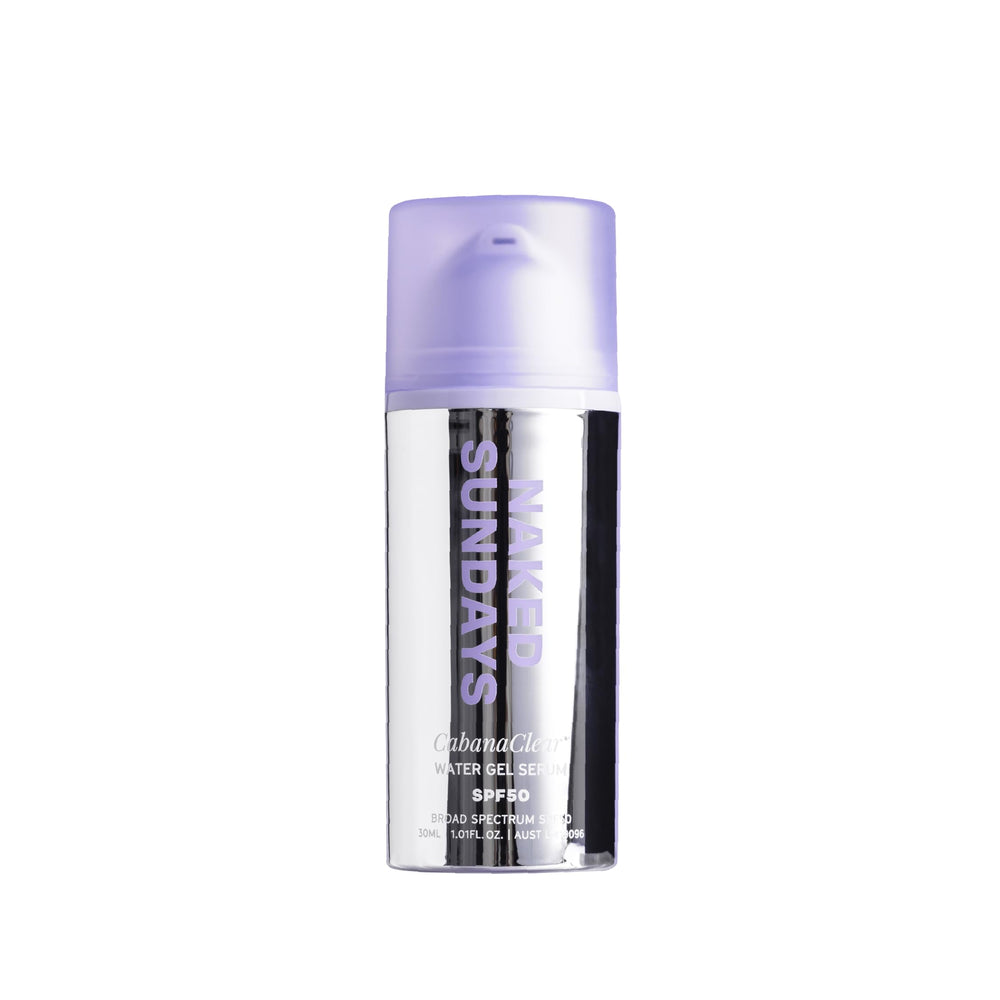 Naked Sundays CabanaClear SPF 50 gel bottle, invisible daily protection for all skin types.