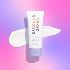 Naked Sundays SPF 50 label close-up highlighting vegan formula and antioxidants