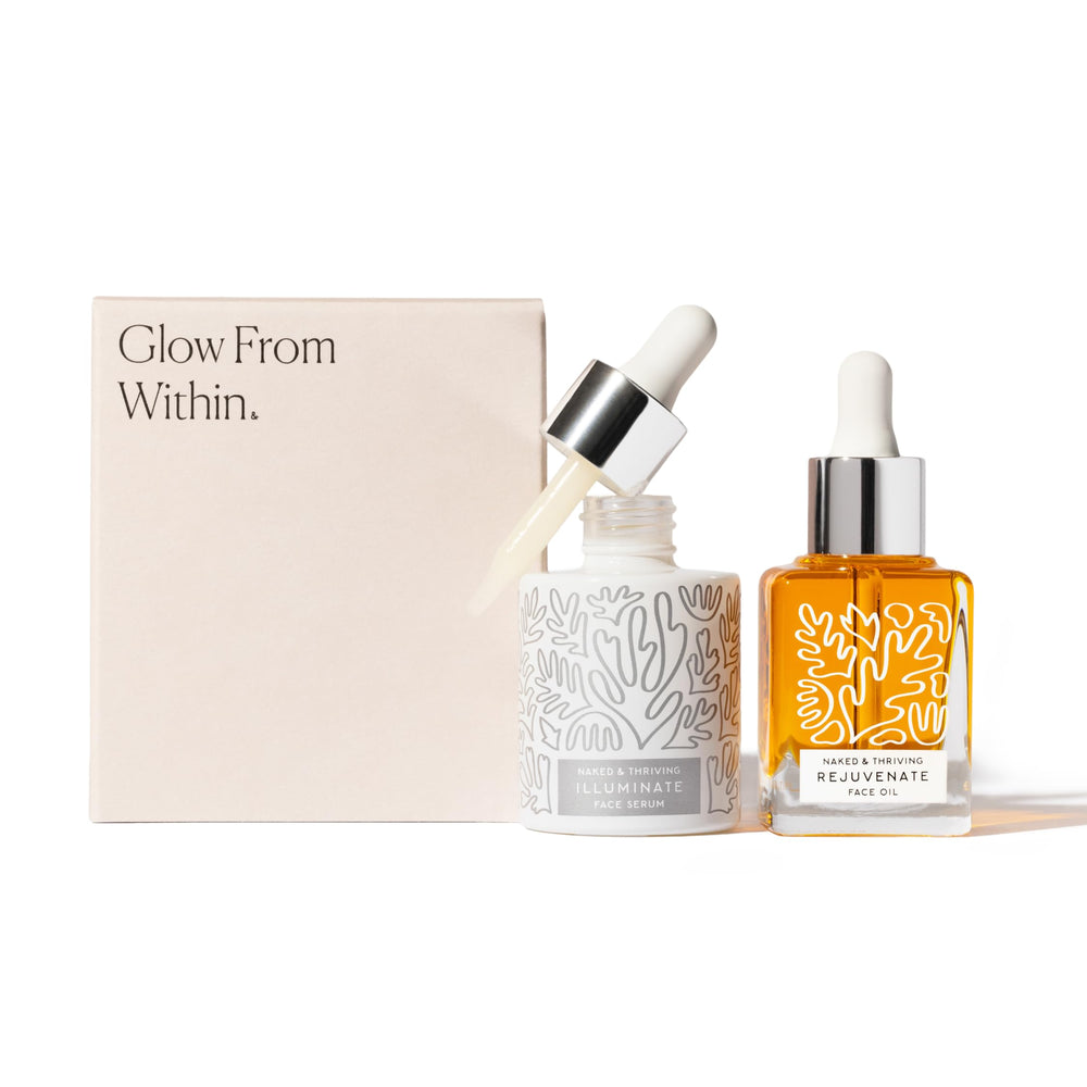 Naked & Thriving Illuminate BC+ Serum bottle promoting radiant, smooth-looking skin.