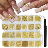Namrec 24-grid gold nail charms with moon and star accents for stylish manicures.