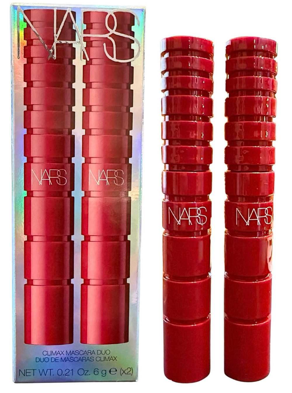 NARS Climax Mascara Duo Explicit Black packaging featuring bold red tubes for luxury.