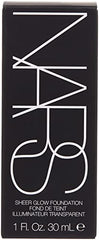 NARS Sheer Glow Foundation swatches reveal luminous finish on Cadiz shade.