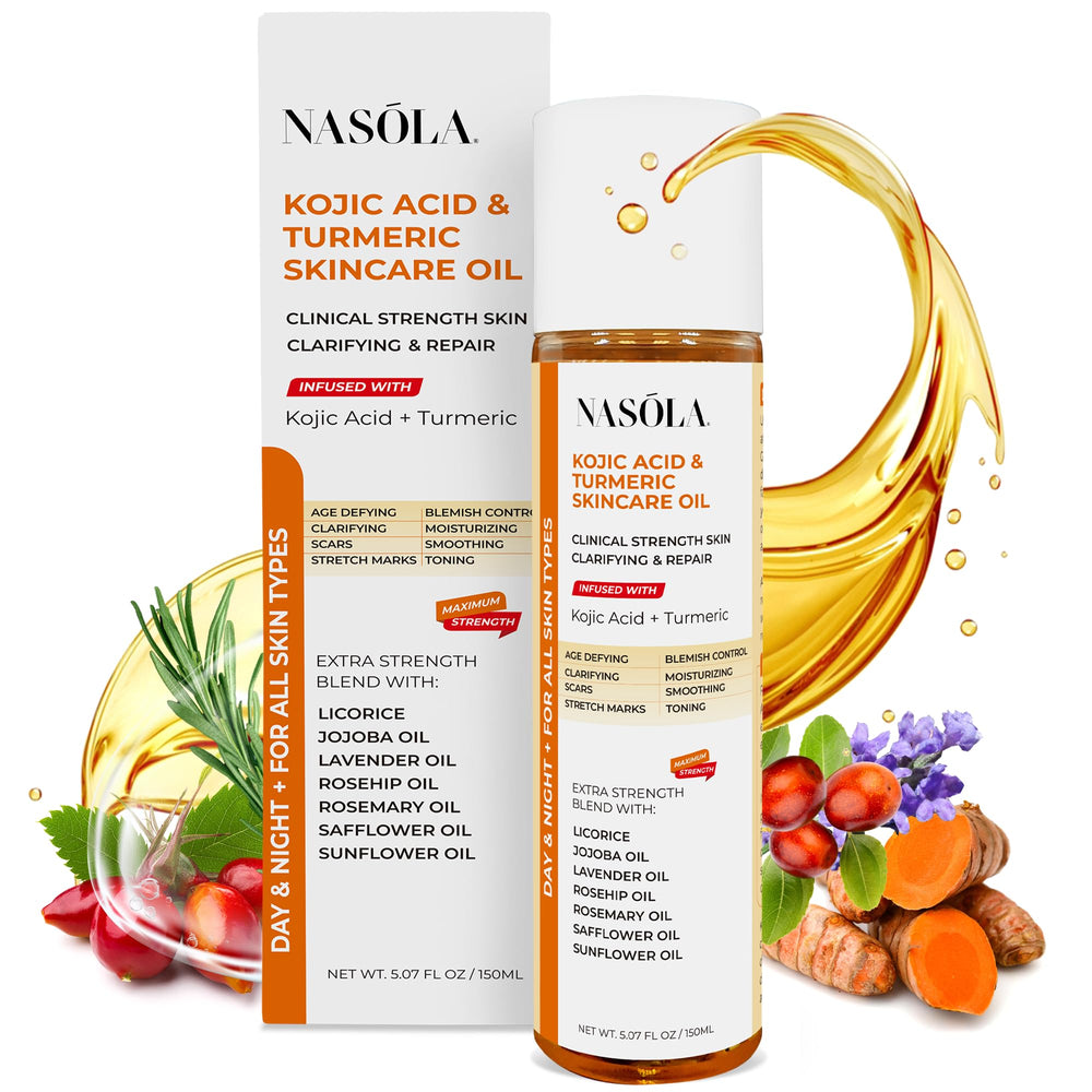 Nasola Kojic Acid Turmeric Bio Pure Oil bottle promotes radiant, even-toned skin.