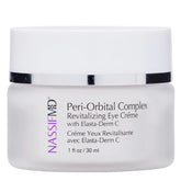 NassifMD peri-orbital cream bottle close-up for daily eye care routine.