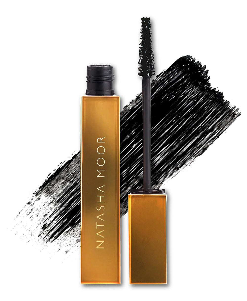 Natasha Moor Moor Power Mascara bottle close-up showcases a luxurious black formula.