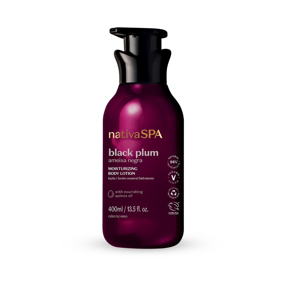 Nativa Spa Black Plum Lotion bottle shows long-lasting hydration for daily use