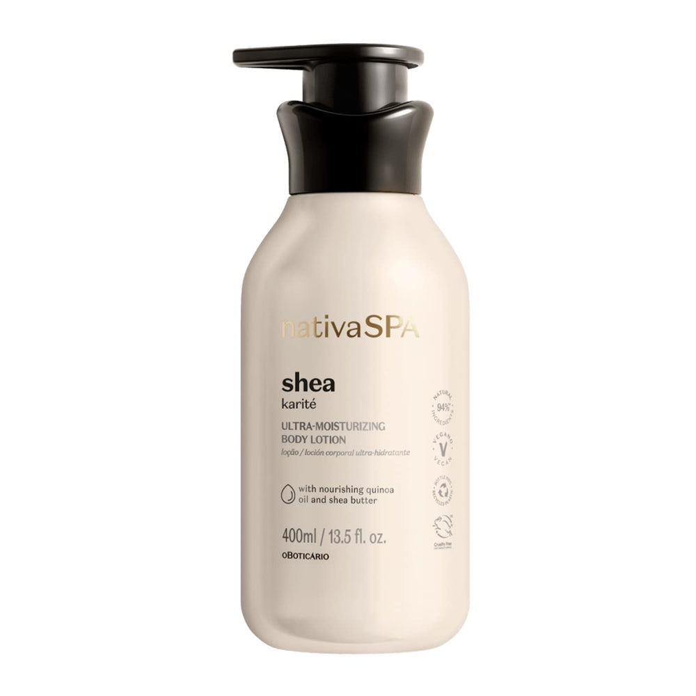 Nativa Spa Shea Body Lotion bottle close-up shows long-lasting hydration.