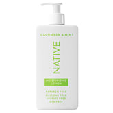 Native Body Lotion bottle by the pool with cucumber mint scent for refreshing skin.