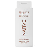 Native Body Wash coconut vanilla bottle shows natural ingredients for gentle cleansing