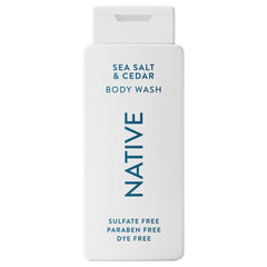Native Body Wash Sea Salt Cedar bottle shows a refreshing cleanse for all skin types