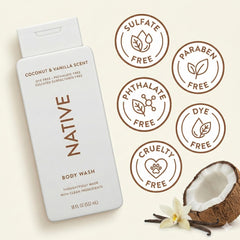 Close-up of Native Coconut Vanilla bottle highlighting creamy lather and natural ingredients