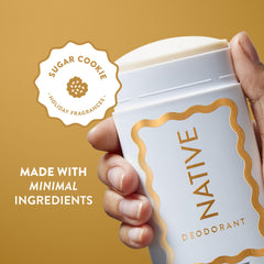 Native Deodorant Sugar Cookie product shot emphasizes clean, naturally derived ingredients and 72-hour odor control.