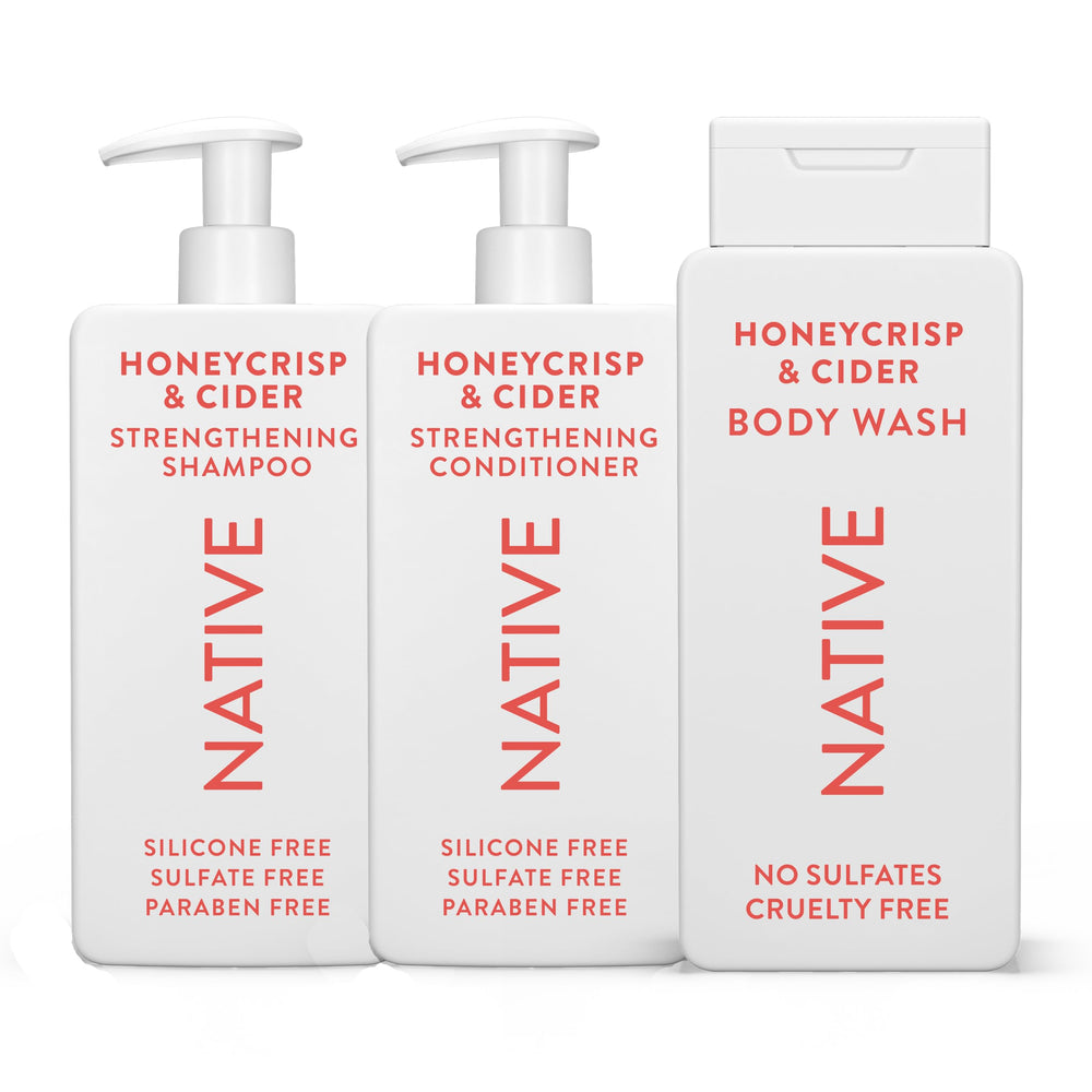 Native Honey Crisp & Cider shampoo bottle showcases a vibrant fall scent for daily washing.