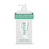Native Moisturizing Body Wash bottle with Lily Milk and White Sage for lasting hydration.