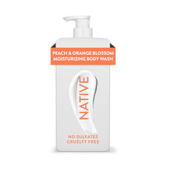 Native Moisturizing Body Wash Peach & Orange Blossom bottle on a bathroom shelf, hydrating formula