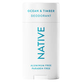Native Ocean & Timber deodorant packaging highlights aluminum-free formula for daily odor protection.