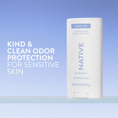 Native Sensitive Deodorant packaging closeup highlights natural formula and aluminum-free protection.