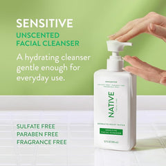 Native Sensitive Face Wash foam close-up highlighting light, non-greasy lather for a fresh feel.