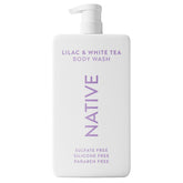 Native sulfate-free body wash bottle showcases lilac and white tea scent for daily cleansing.
