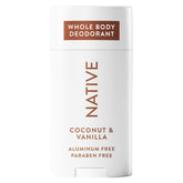 Native Whole Body Deodorant Stick Coconut Vanilla packshot highlights clean, natural ingredients for daily odor control