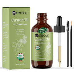 Natnique Castor Oil bottle close-up with organic label for hair and skin care.