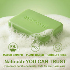 Natouch antifungal soap bar on skin showing face and body use