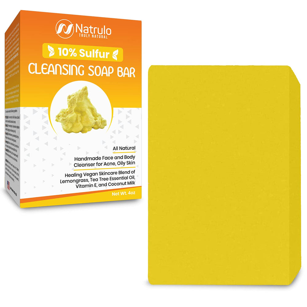 Natrulo 10% sulfur soap face close-up showing acne-clearing formula for oily skin
