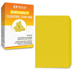 Natrulo 10% sulfur soap face close-up showing acne-clearing formula for oily skin