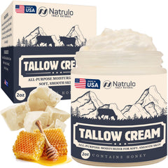 Natrulo Beef Tallow Cream tub close-up showing creamy texture for dry skin hydration.
