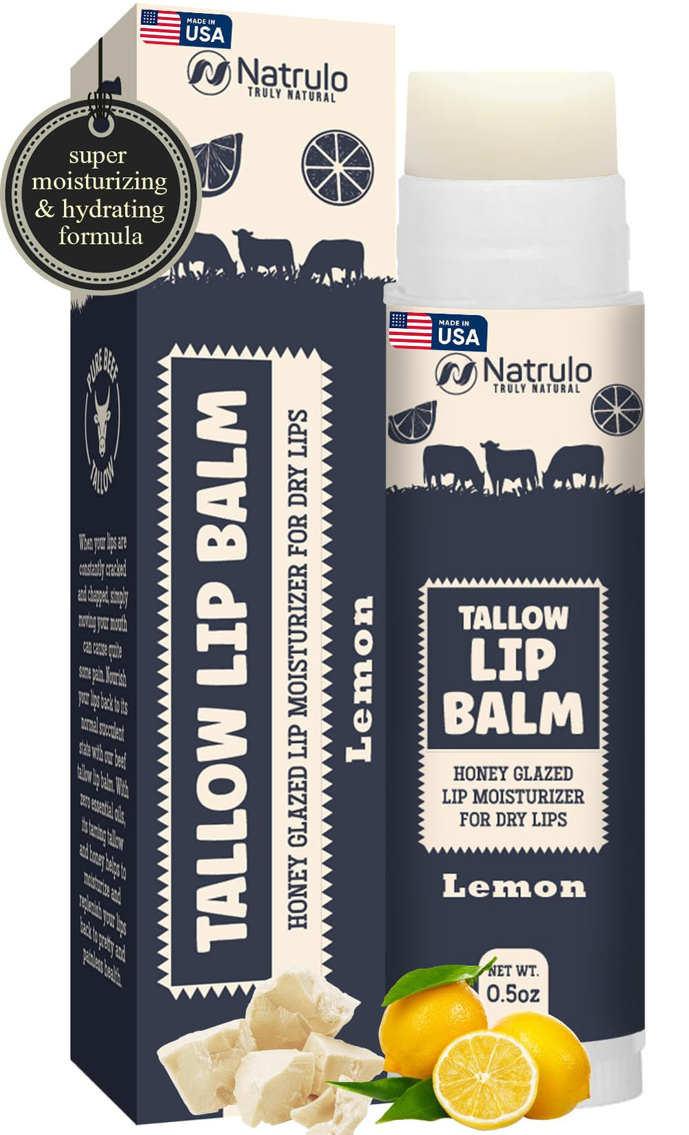 Natrulo beef tallow lip balm tube with lemon flavor delivering deep hydration.