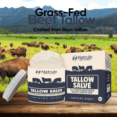 Natrulo Beef Tallow Salve jar closeup showcases creamy texture for everyday hydration