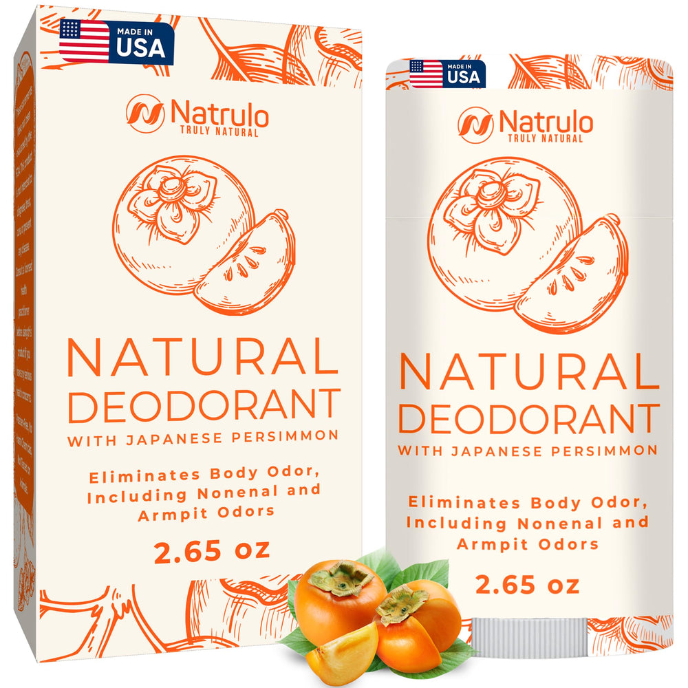 Natrulo Persimmon Deodorant bottle on shelf with aluminum-free protection.