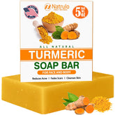 Natrulo turmeric soap bar closeup showing natural texture and color