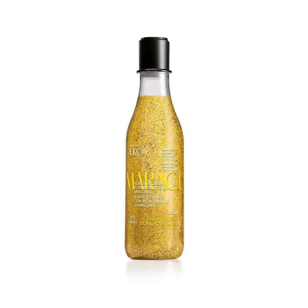Natura Passion Fruit exfoliating shower gel bottle shows natural exfoliation for smoother skin.