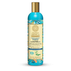 Natura Siberica Oblepikha Shampoo ingredients close-up showing vitamins and amino acids for hair health