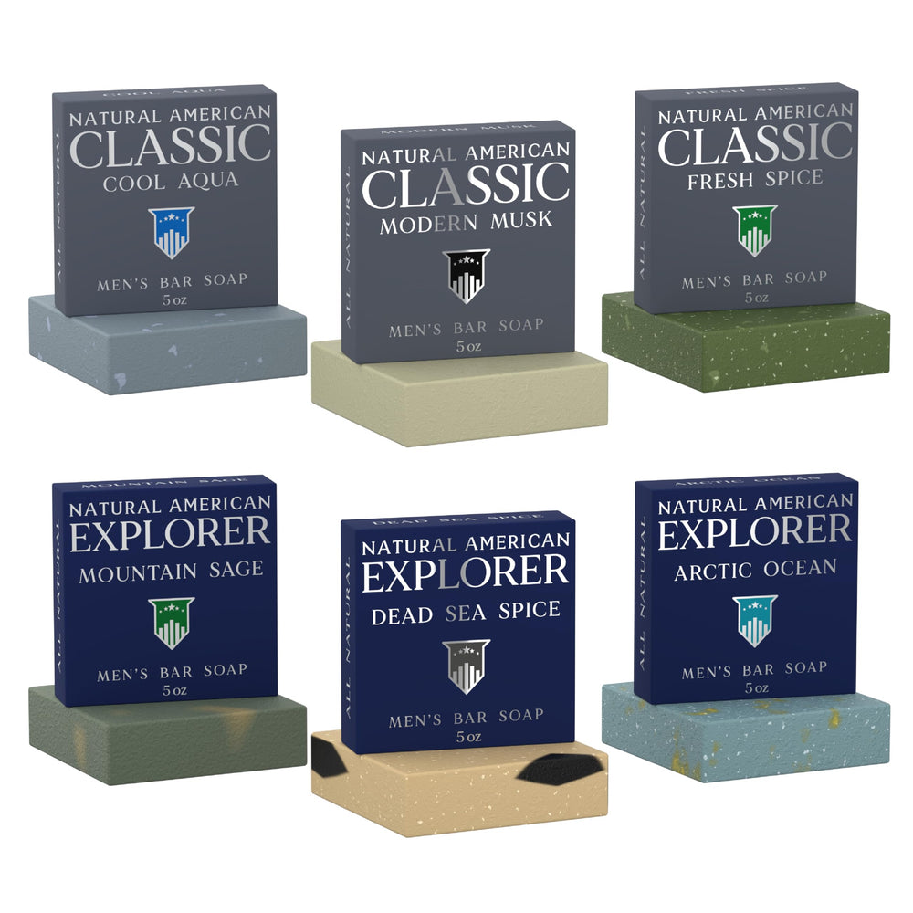 NATURAL AMERICAN men's bar soap pack of 6 bars showing premium natural ingredients for daily cleansing