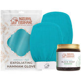 Natural Elephant Moroccan Black Soap bottle showing olive oil and eucalyptus for gentle cleansing.