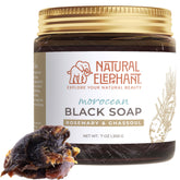 Natural Elephant Moroccan Black Soap label highlighting traditional ingredients for authentic hammam care