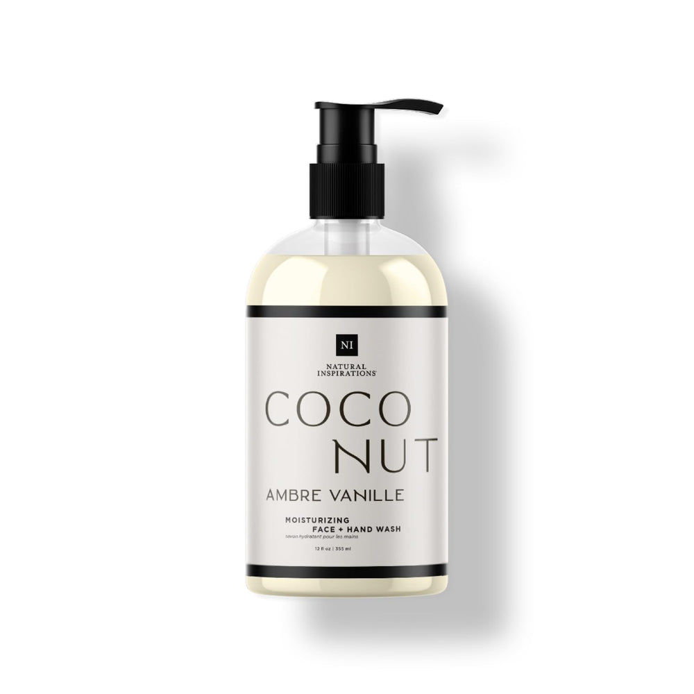 Natural Inspirations coconut amber vanilla bottle closeup showing gentle cleansing