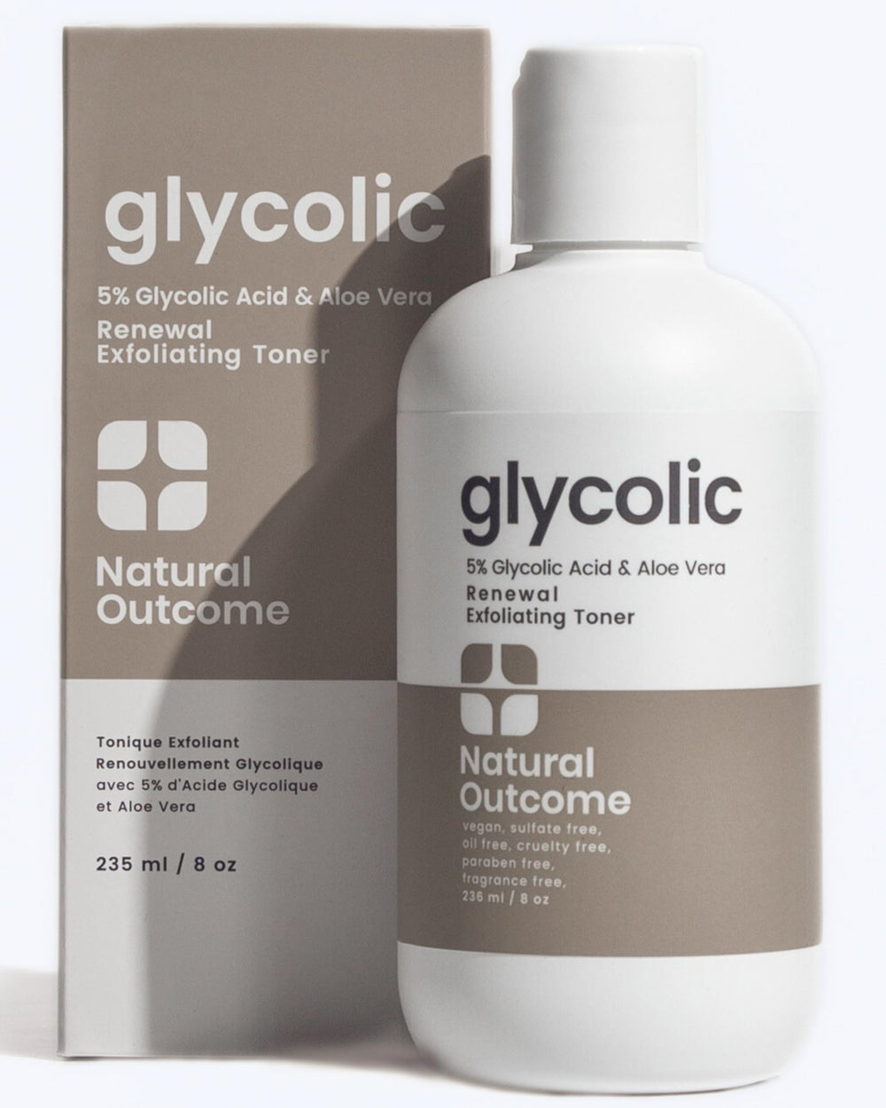 Natural Outcome Glycolic Toner bottle demonstrates gentle exfoliation for brighter skin