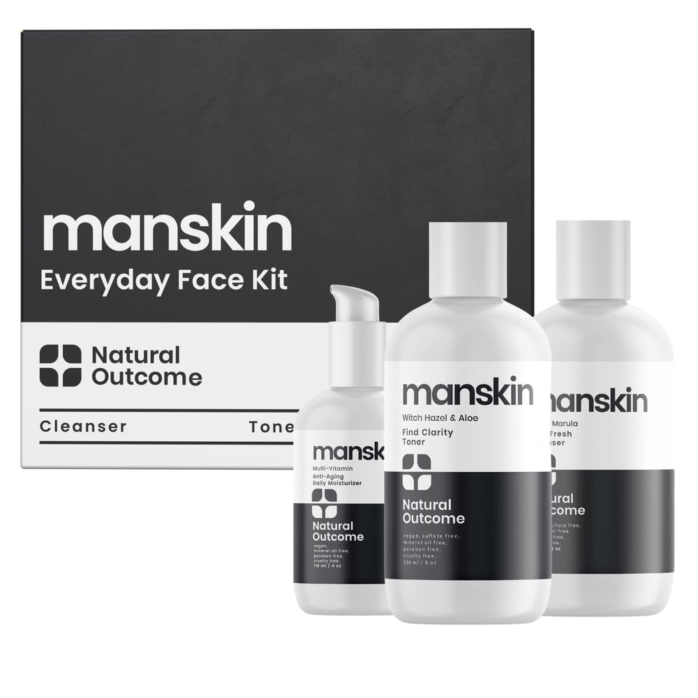Natural Outcome men's skin care kit box shown as premium gift set for daily grooming