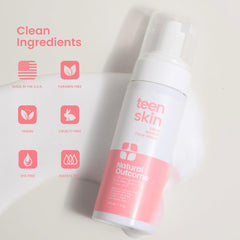 Texture close-up highlights airy foam suited for sensitive teen skin.