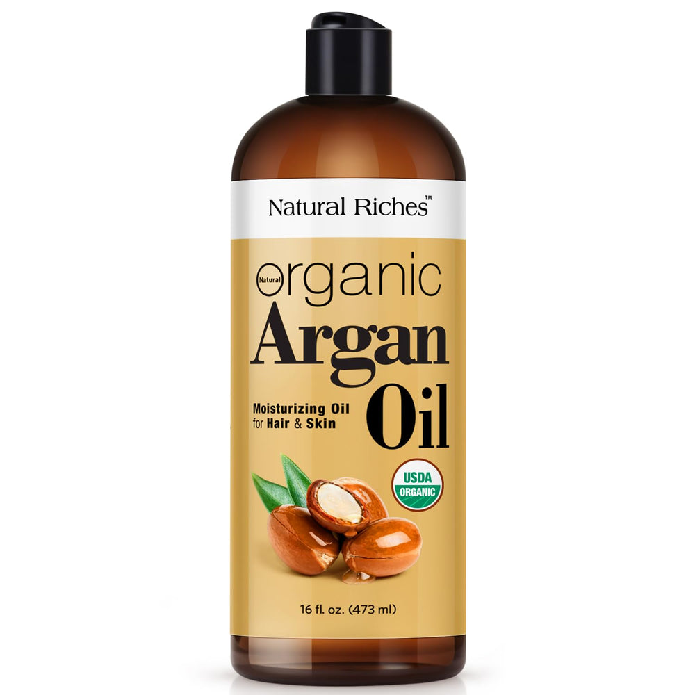 Natural Riches argan oil bottle highlights premium oil for glossy hair and hydrated skin.