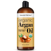 Natural Riches argan oil bottle highlights premium oil for glossy hair and hydrated skin.