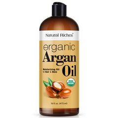 Natural Riches argan oil bottle highlights premium oil for glossy hair and hydrated skin.