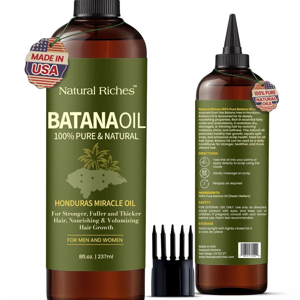 Natural Riches Batana oil bottle on wood shows pure, nourishing hair care potential.
