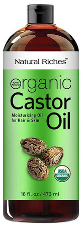 Natural Riches Castor Oil bottle closeup for skin and hair care.