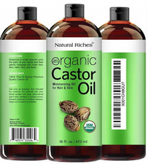 Natural Riches Castor Oil label detail showing USDA organic certification.
