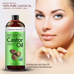 Natural Riches Castor Oil pour shot demonstrating easy application.